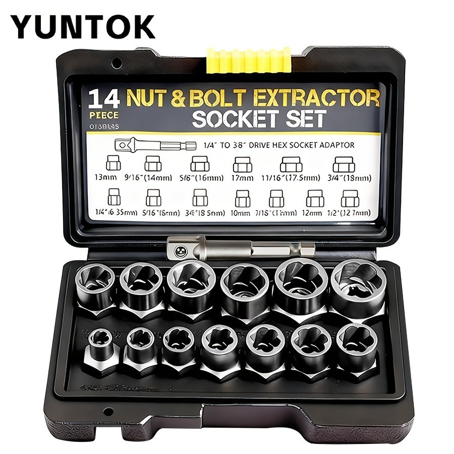 YUNTOK 14pcs/Set Nut Extractor, Bolt And Nut Removers, a Bar (If The Nut Is Stil