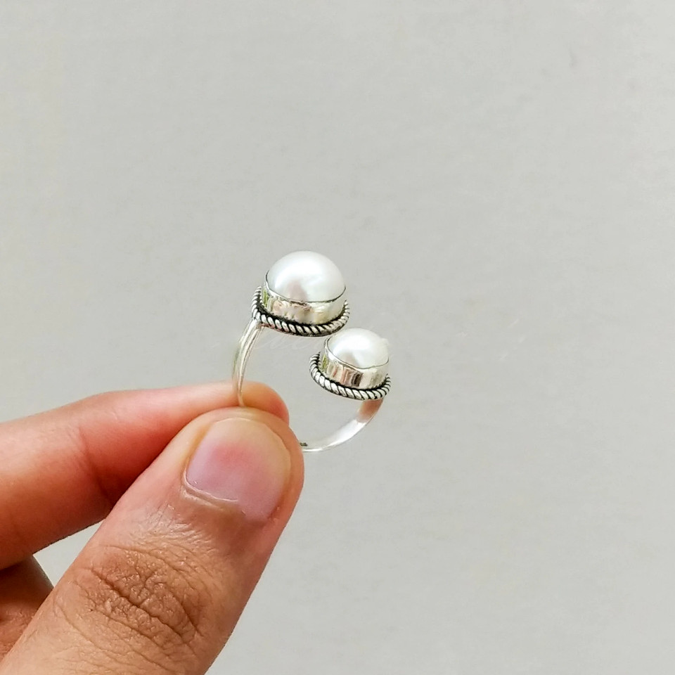Pearl Gemstone Ring Solid 925 Silver Handmade Adjustable Ring All Size SR711