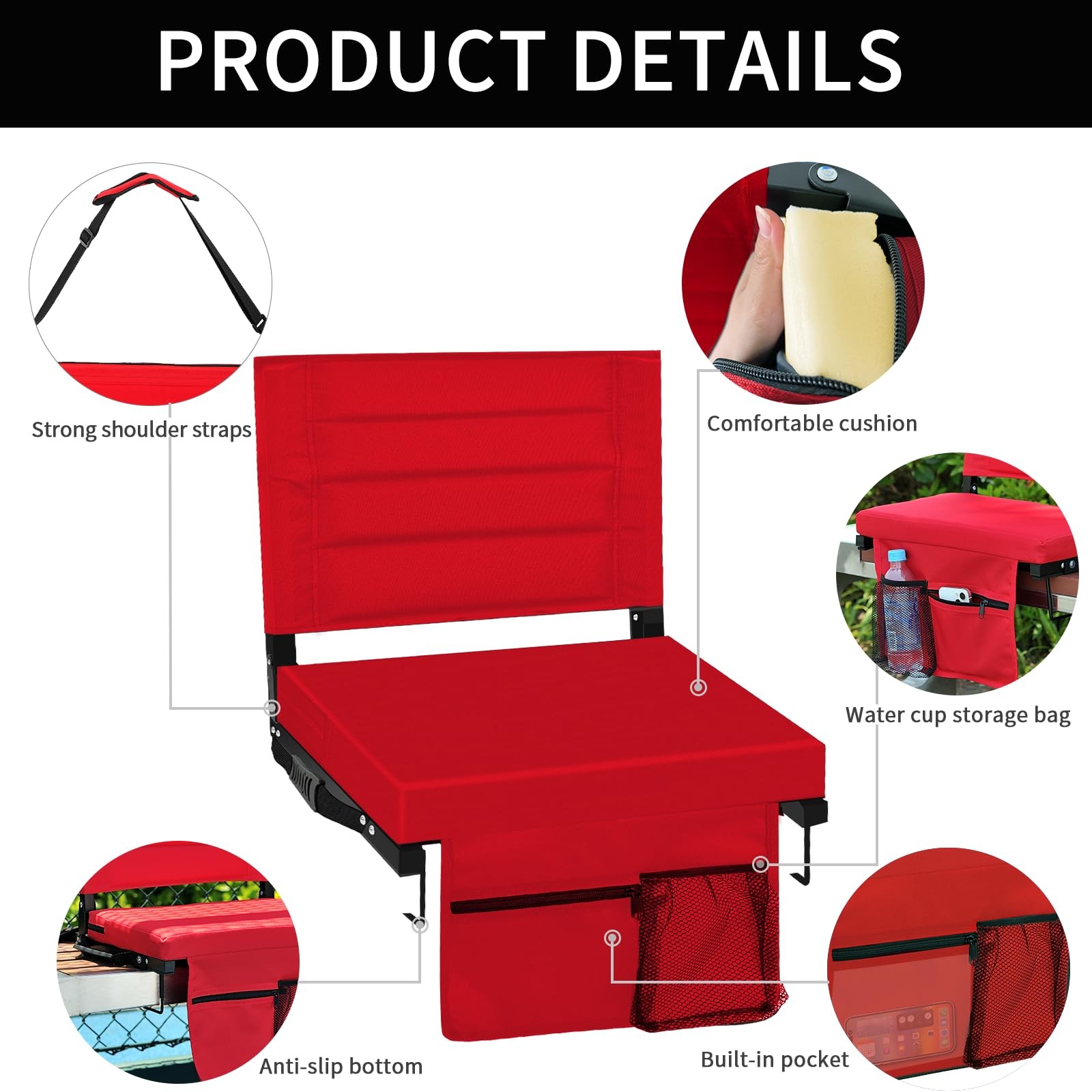Bleacher Chairs Stadium Seats Cushion with Back Support, Portable Folding Cha...