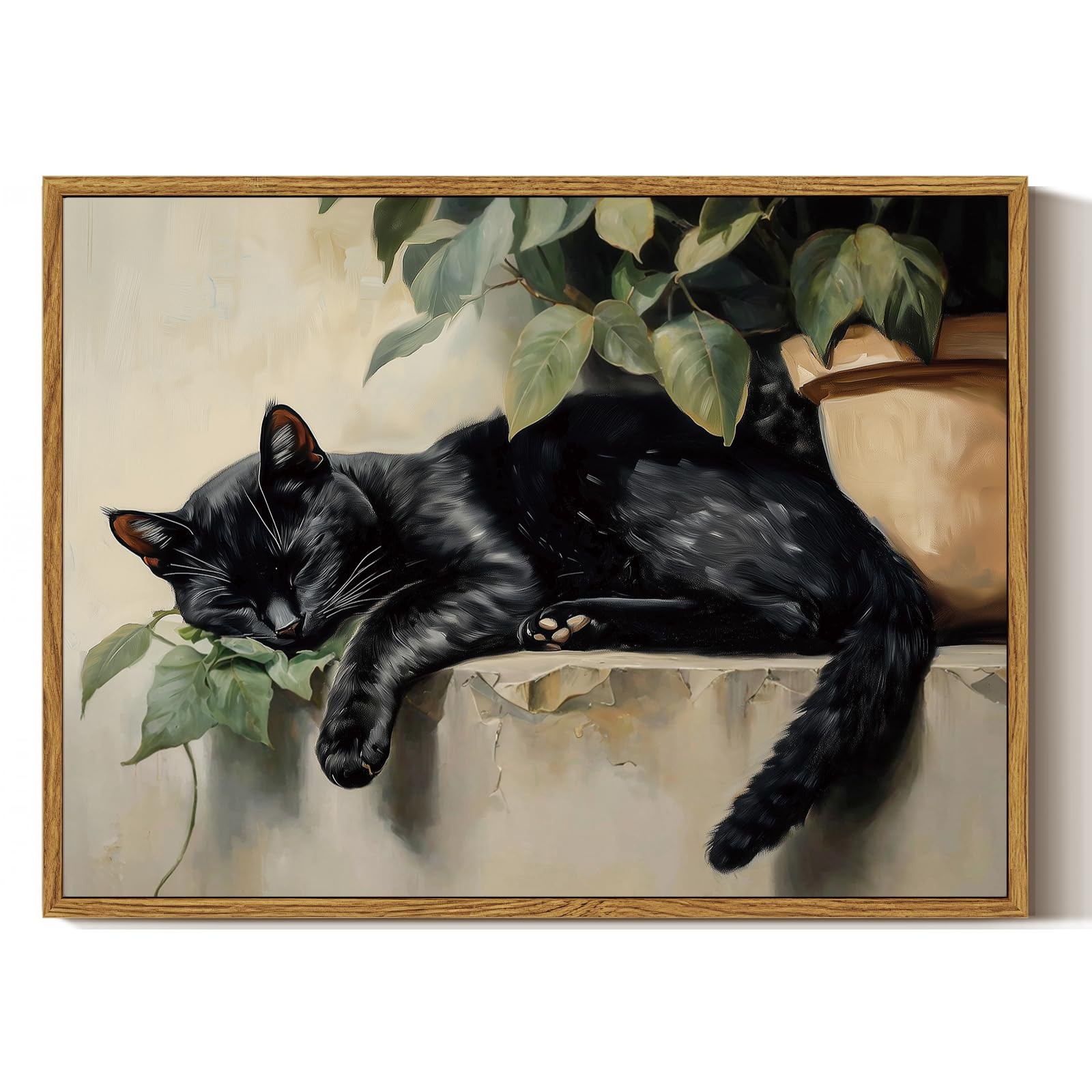 ARPEOTCY Vintage Framed Canvas Wall Art, 16"L x 12"W, Sleeping Black Cat