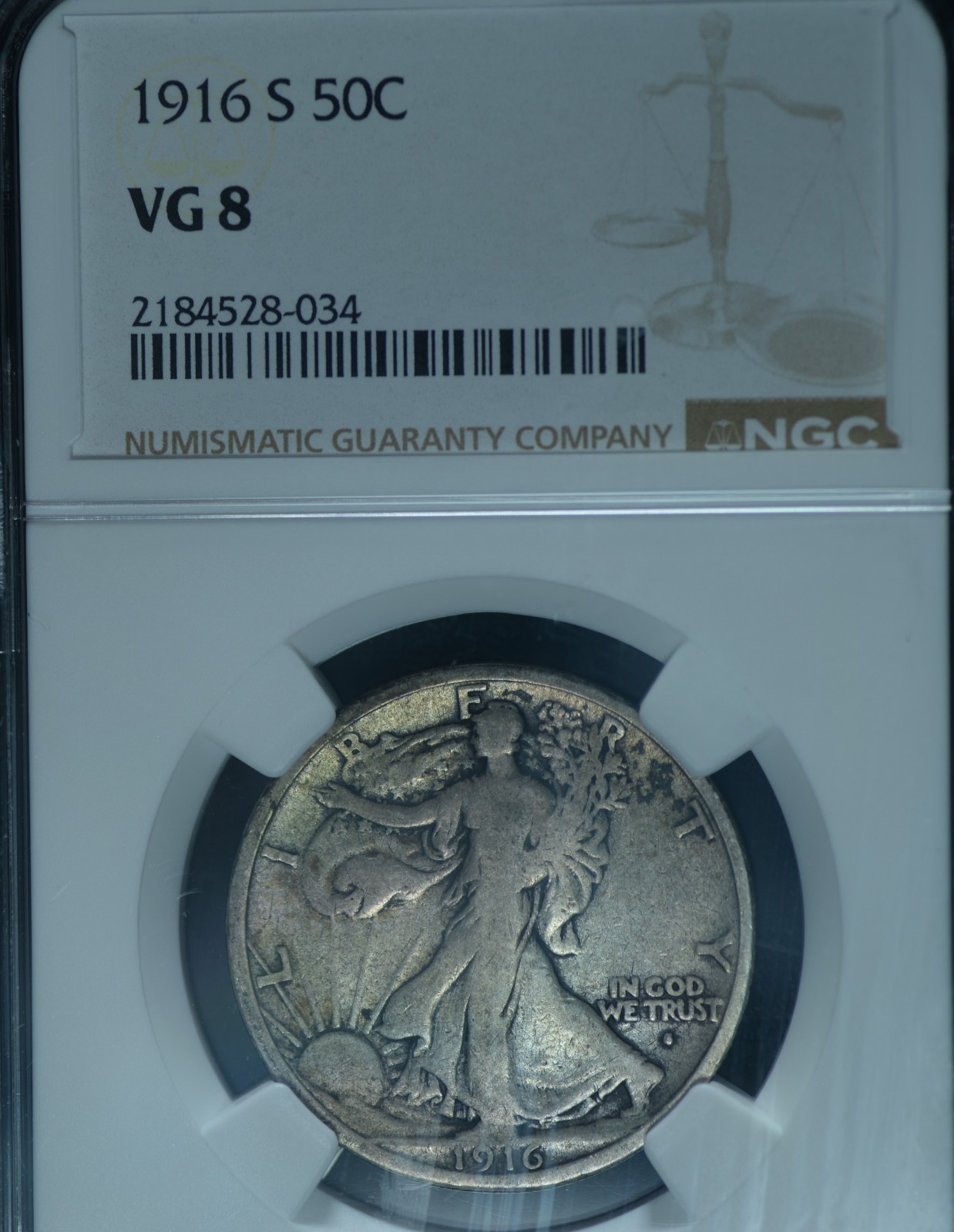 1916 S  50C Walking Liberty Half Dollar VG8 Rare Key Date  ~ 26497