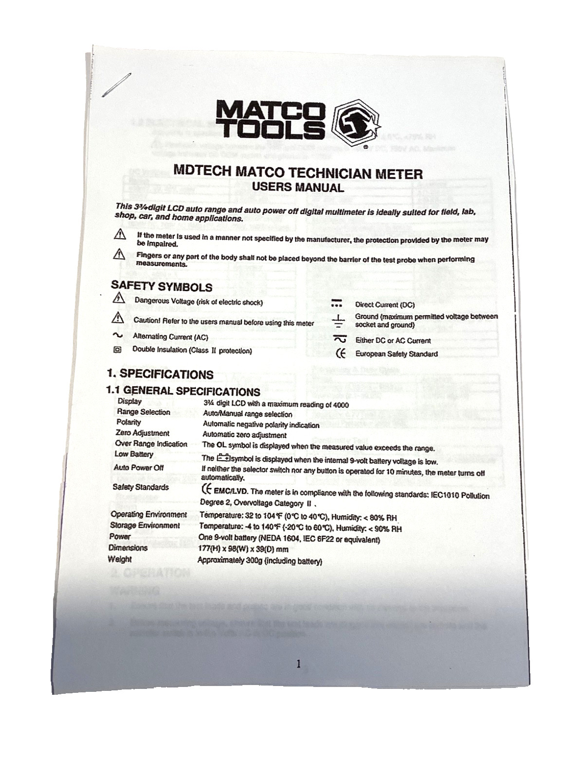 Matco Tools MDTECH Auto Ranging Digital Multi Meter Kit Leads Pouch Manual NICE