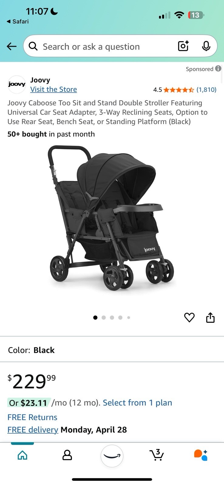 Joovy Caboose Too Ultralight Sit Stand Double Tandem Stroller - Black (8177)