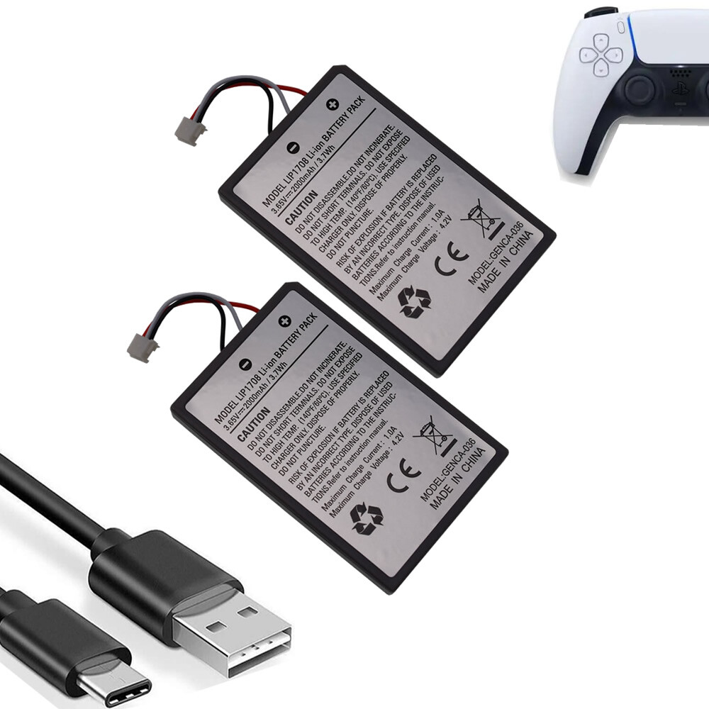 2x Battery for Playstation 5 PS5 Dualsense Controller CFI-ZCT1, 2000mAh +Cable