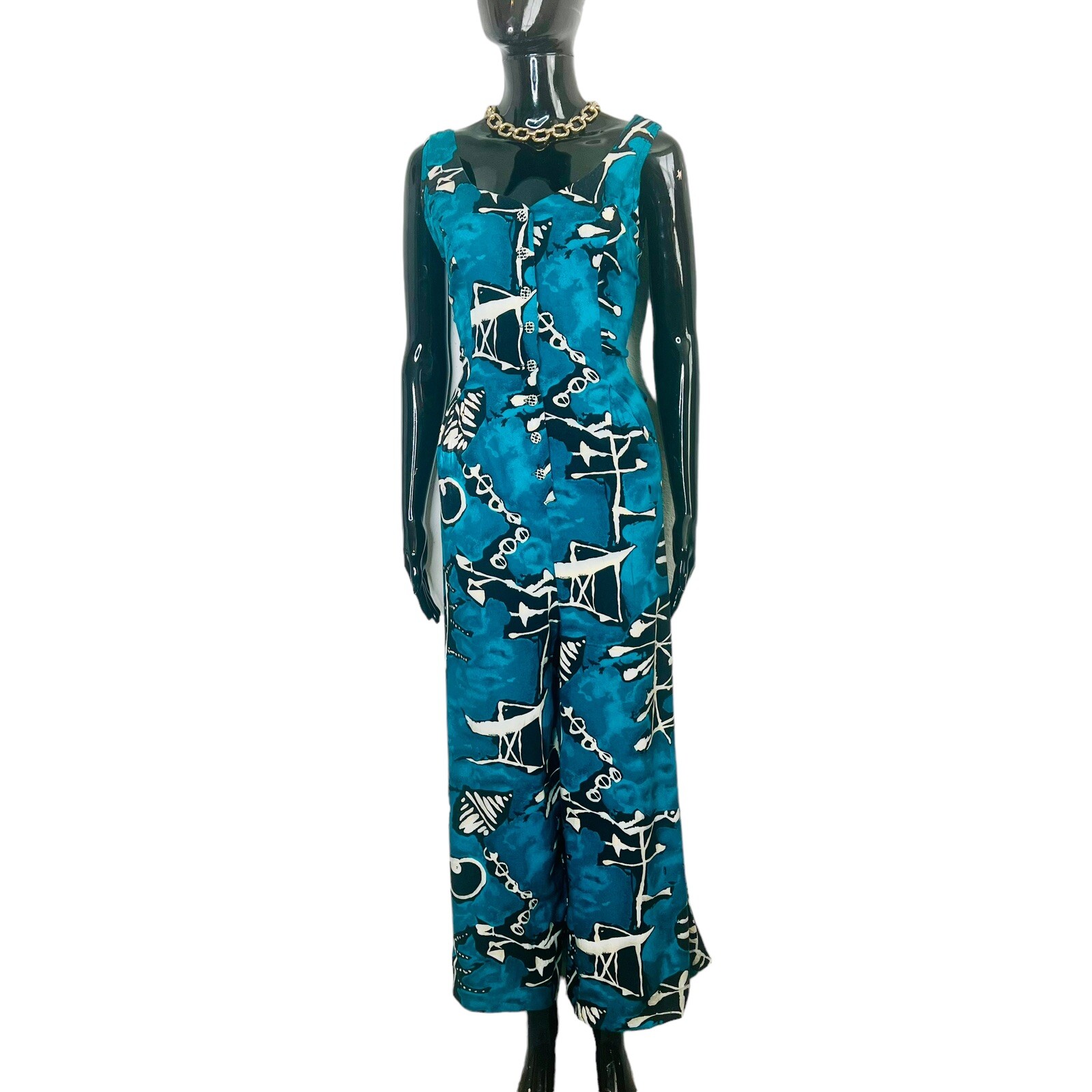 Vintage Turquoise Wide Leg Abstract Print Romper