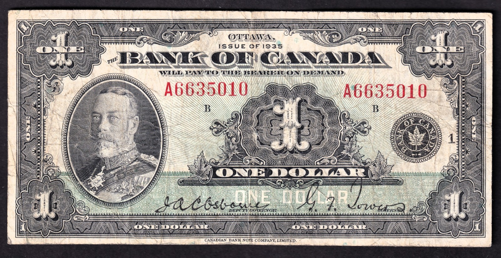 The Bank Of Canada 1935 $1 One Dollar Banknote Osbourne - Towers A6635010