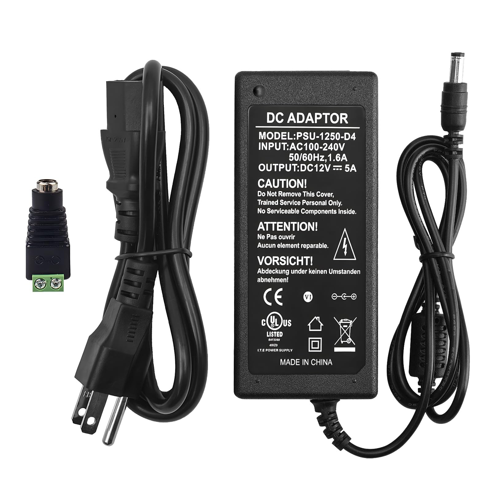 12V 5A Power Supply Adapter, AC 100-240V to DC 12V Transformer, for CCTV Secu...