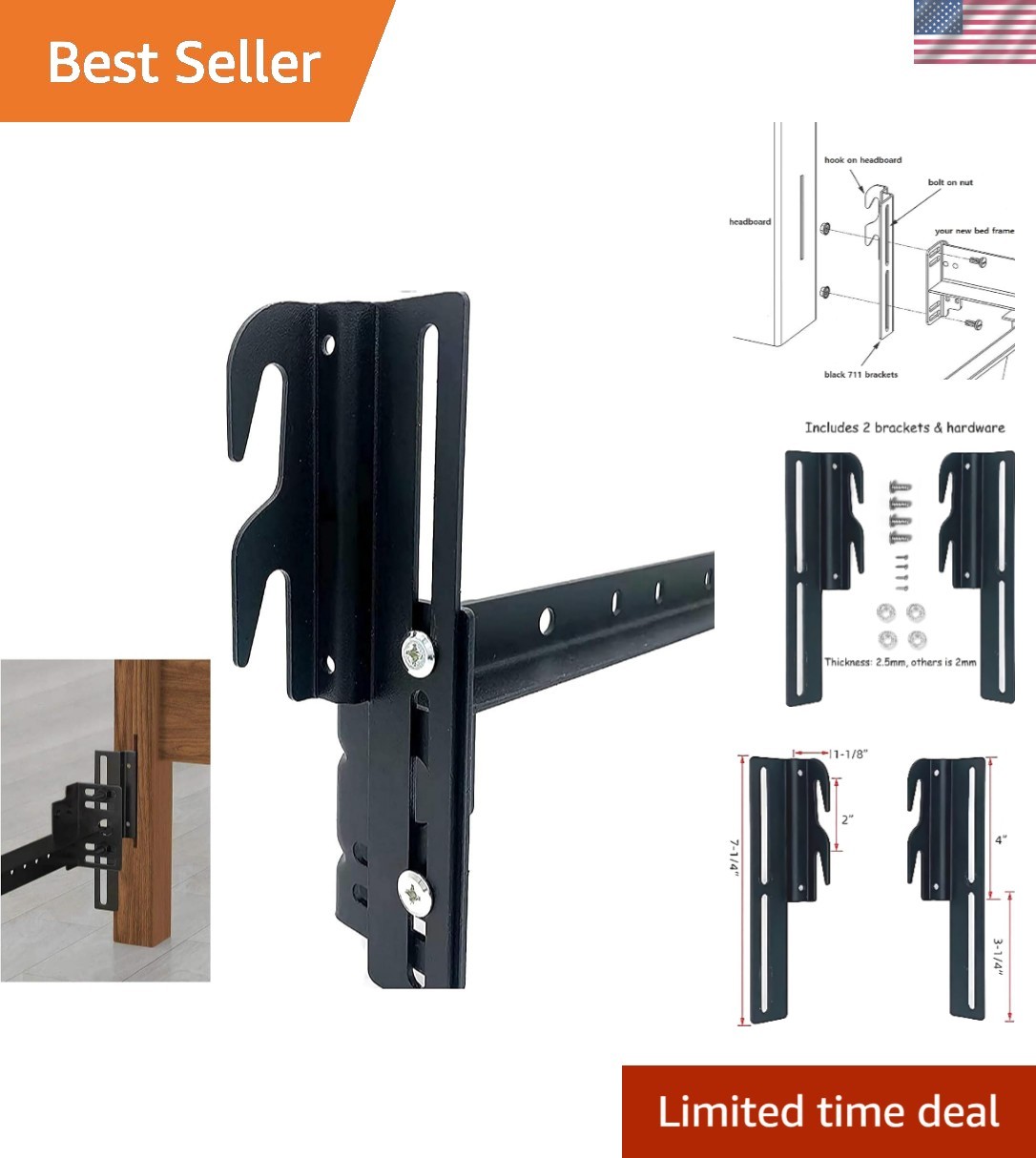 2Pcs Bolt-On to Hook-On Bed Frame Conversion Brackets for Headboard or Footbo...