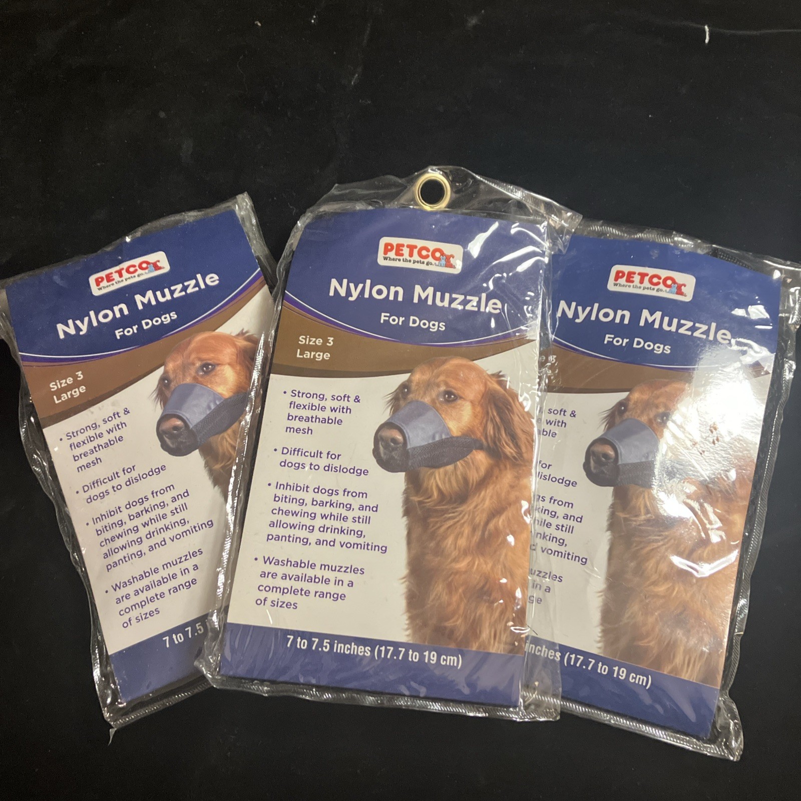 Lot Of 3 PETCO NYLON MUZZLE FOR DOGS-Size 3 Large-7-7.5  inches-Washable