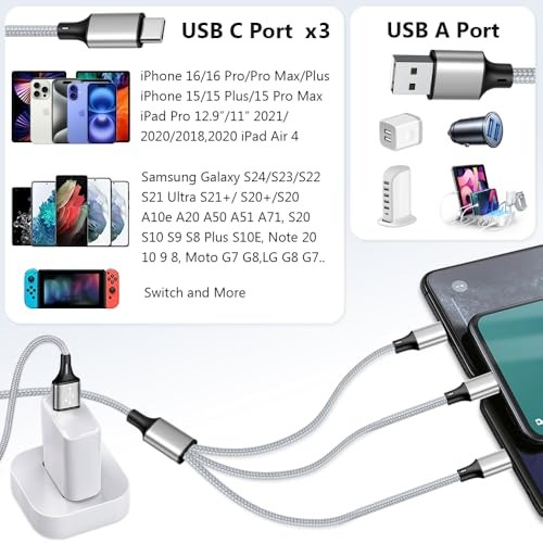 Multi Charging Cable, USB C Splitter Cable, 3 in 1 Fast Charging Cord with 3