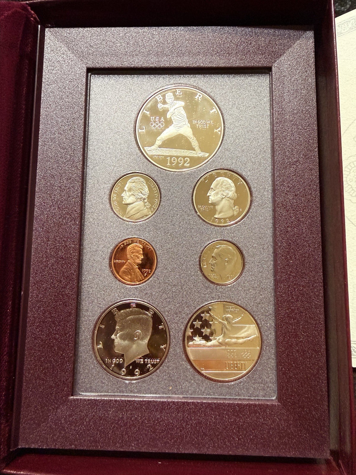 ⭐️1992 S Prestige Proof Set Olympics 90% Silver Dollar 7 US Coins⭐️