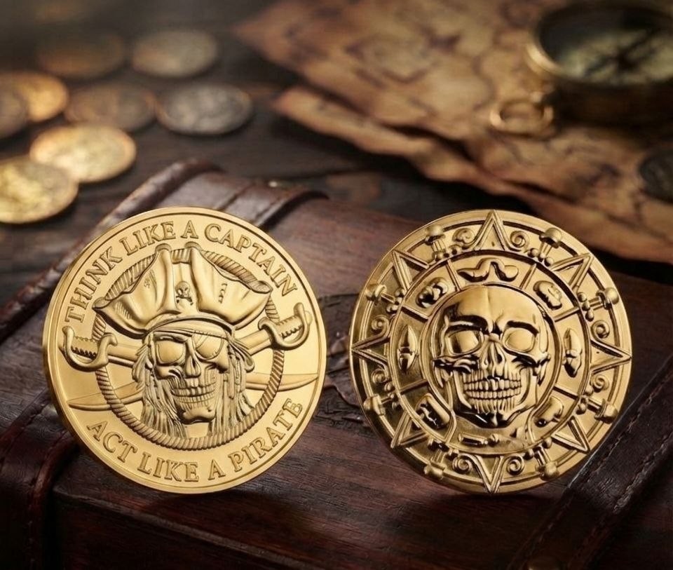 ⚔️ Think Like A Captain Act Like A Pirate Brass Coin Skull Compass Medal Token