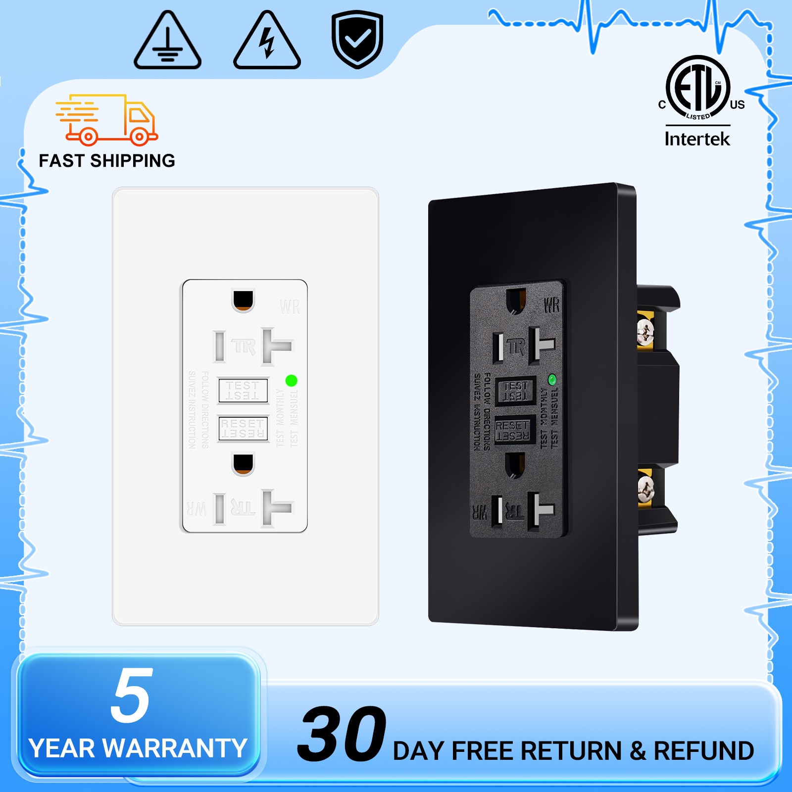 15A/20A 125V GFCI Indoor Safety Outlet Receptacles WR TR White/Black ETL Listed