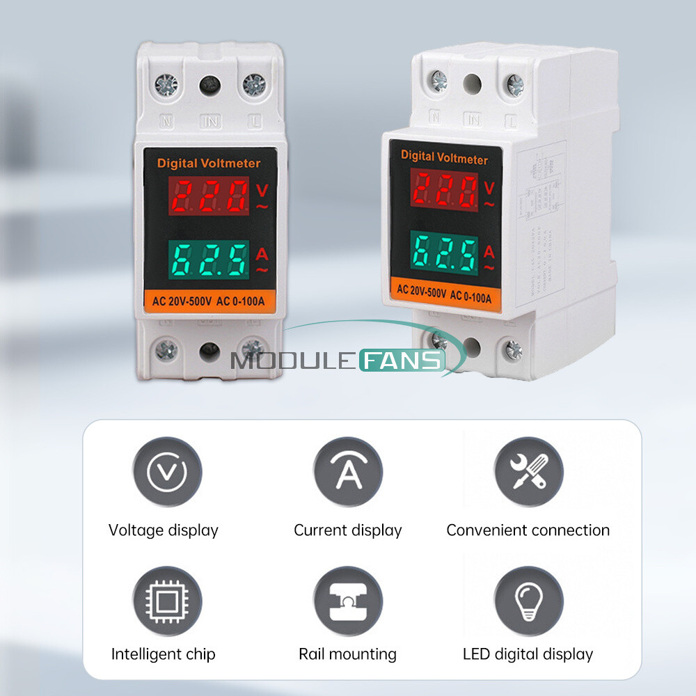AC 50-500V 100A Din Rail Single-phase Digital Voltage LCD Voltage Current Meter