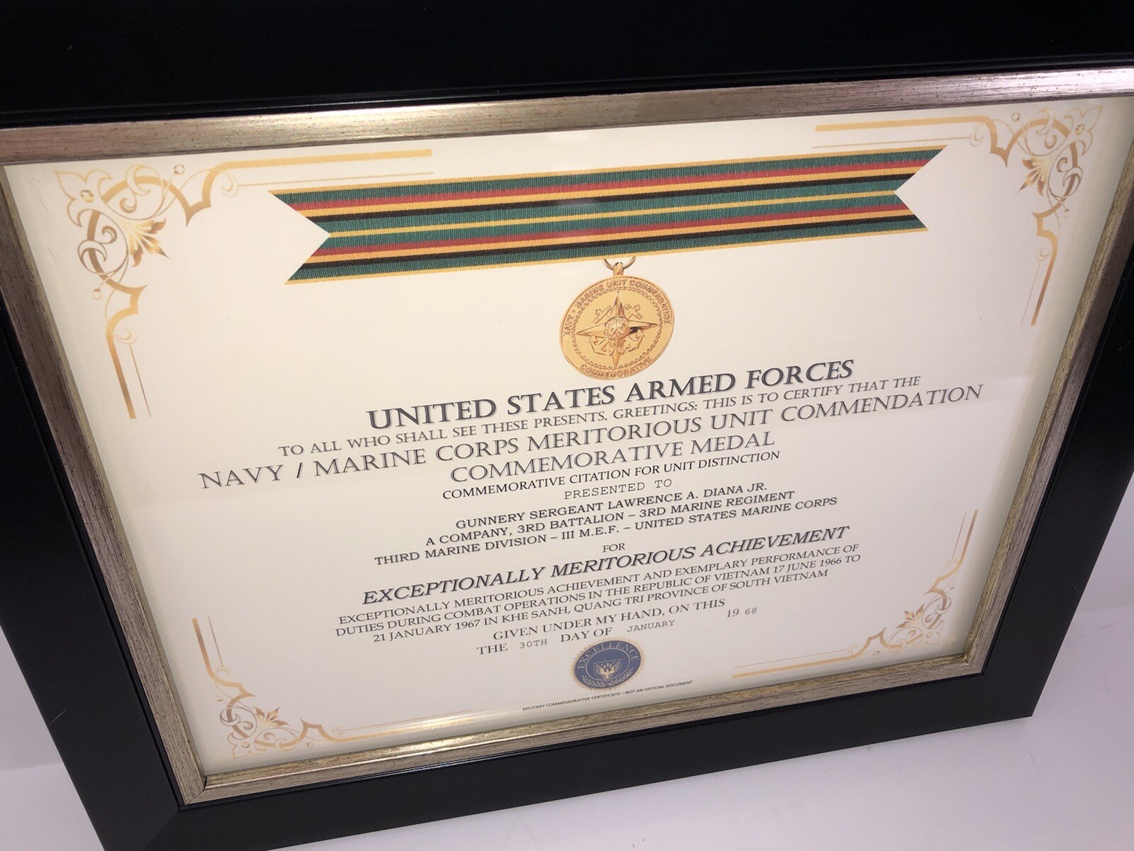 NAVY / U.S.M.C. MERITORIOUS UNIT COMMEMORATIVE MEDAL CERTIFICATE ~ Type 1