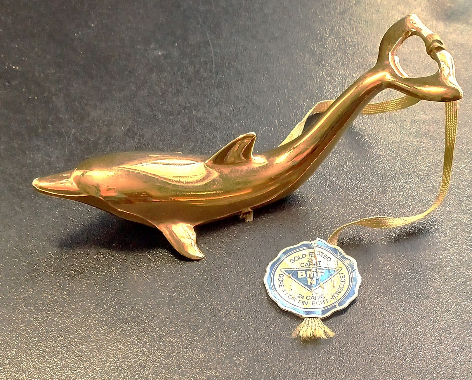 Vintage Bottle Opener 24k Gold Plated Dolphin BMF - West Germany - Label