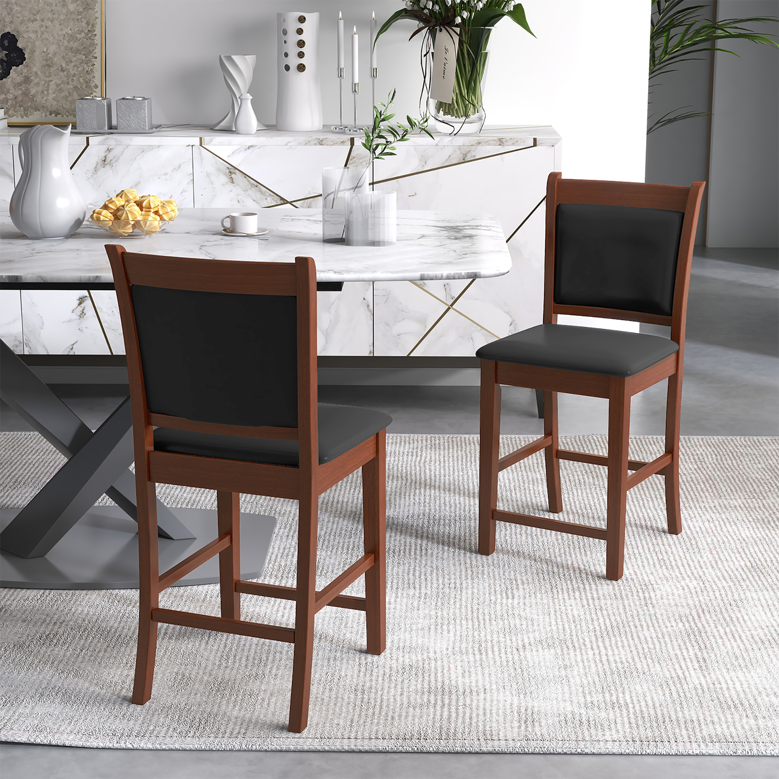 Upholstered Counter Stool Set of 2 w/ Solid Rubber Wood Frame Ergonomic Backrest