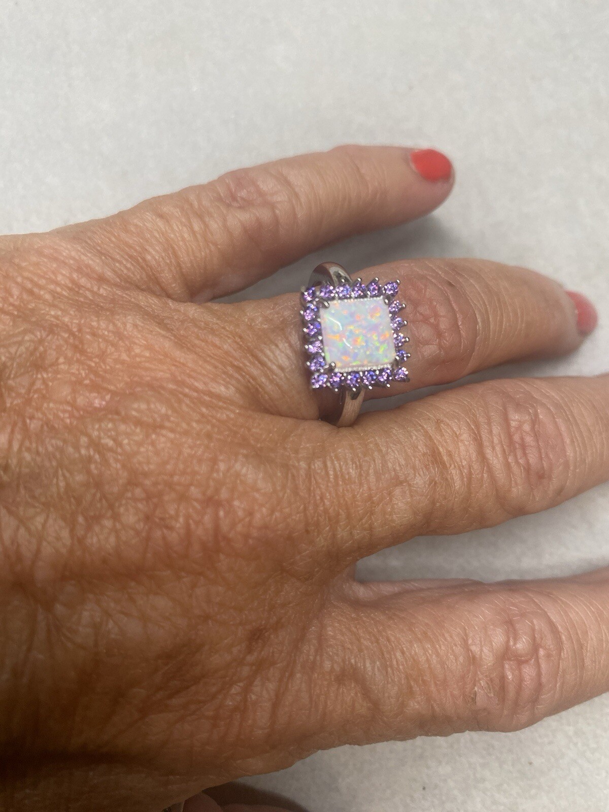 Sterling Silver Created Opal And Amethyst CZ Ring Rhodium Plated