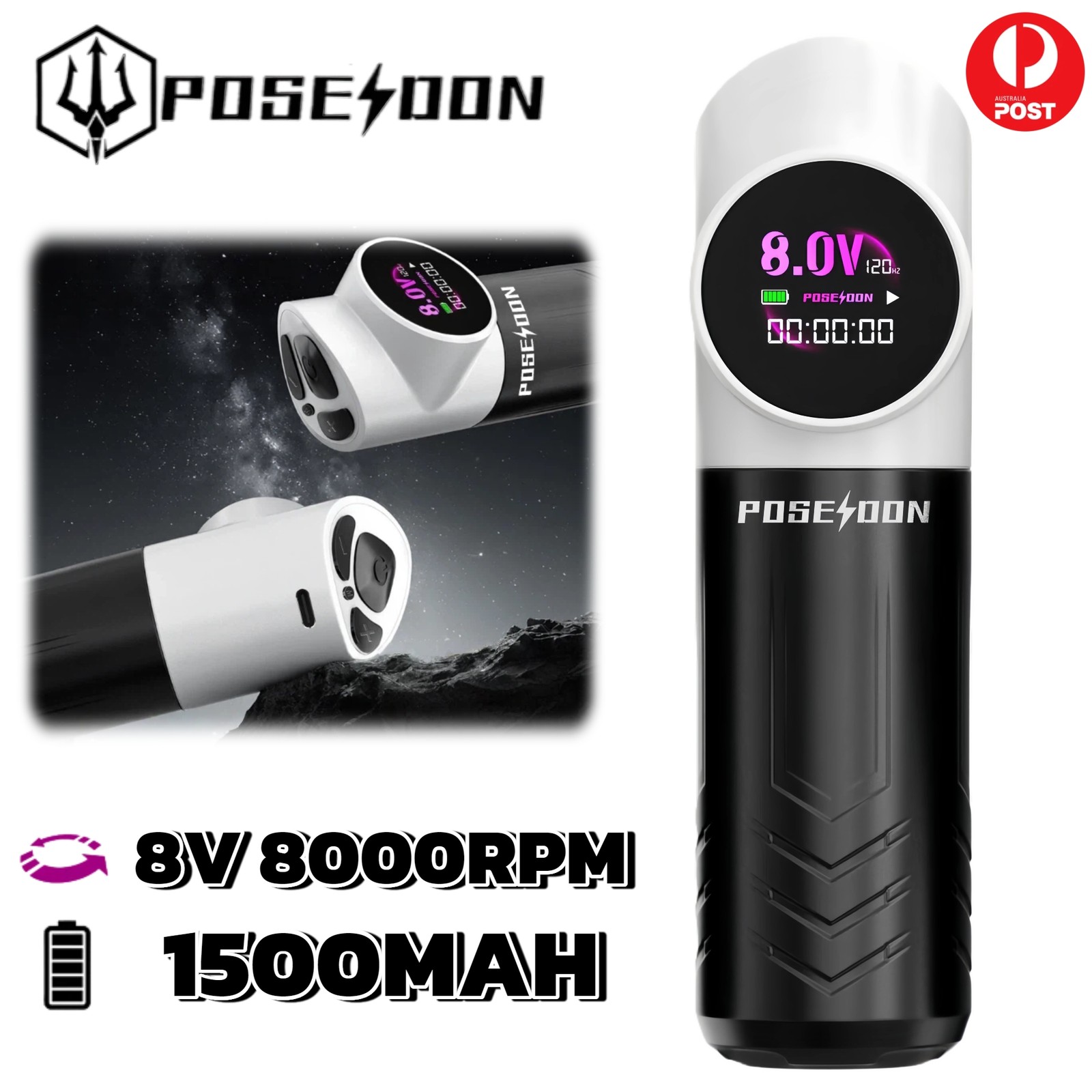 POSESOON Tattoo Machine Wireless Pen Gun Rotary Motor Power Supply Battery LCD