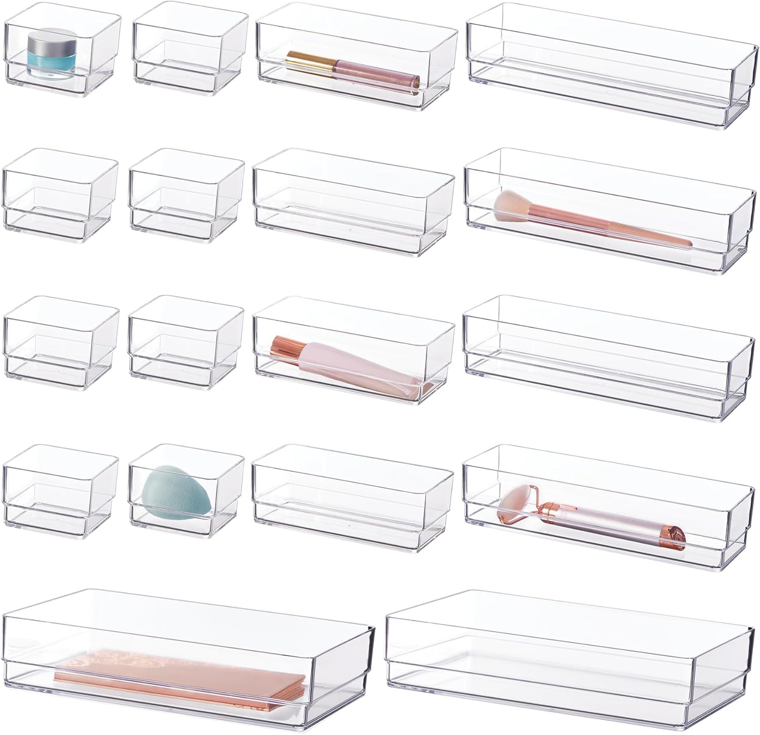 18 Piece Clear Drawer Organizer Set Stackable Plastic Storage Trays Kitchen Bath