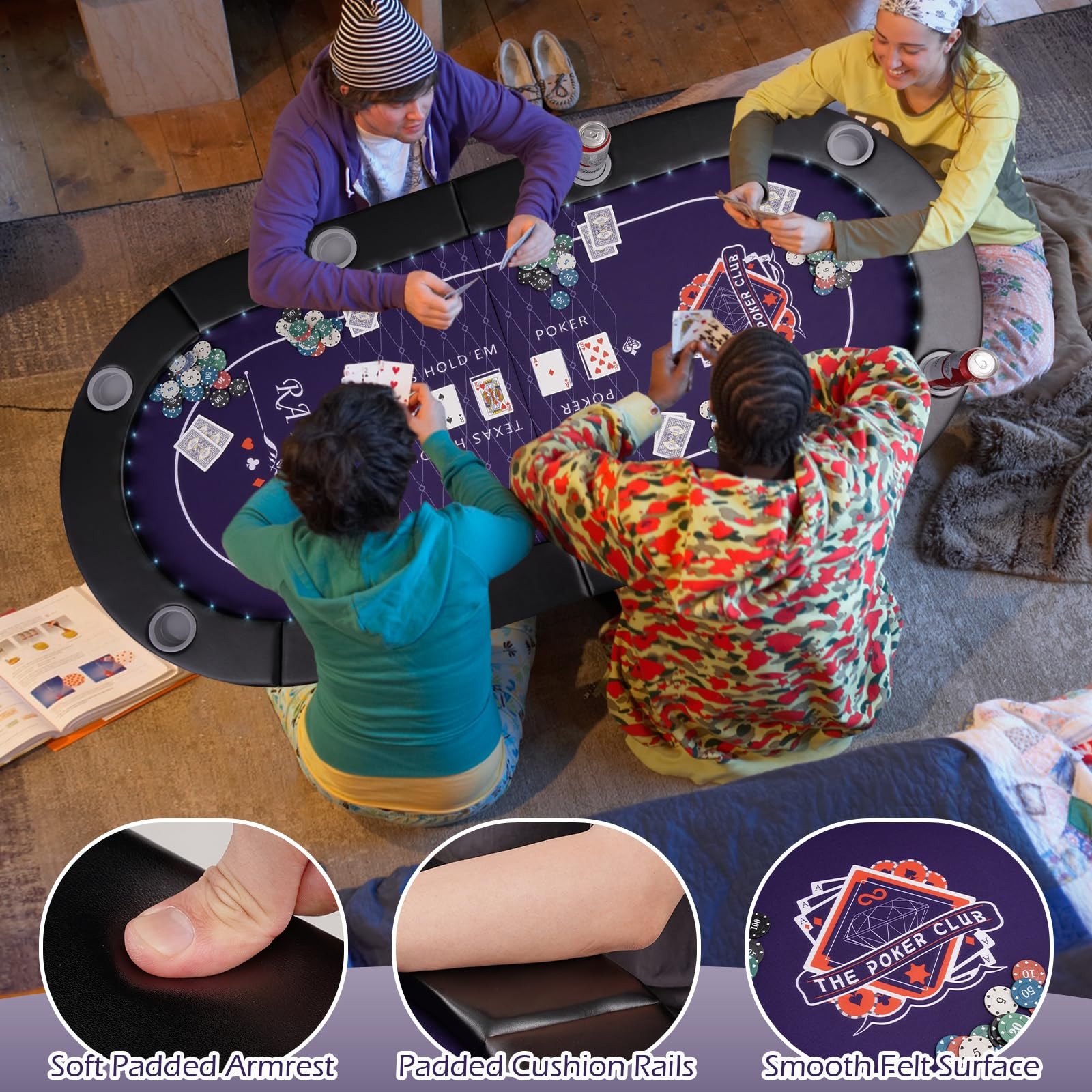 71" LED Poker Table - 8 Player Foldable Texas Hold'em Table