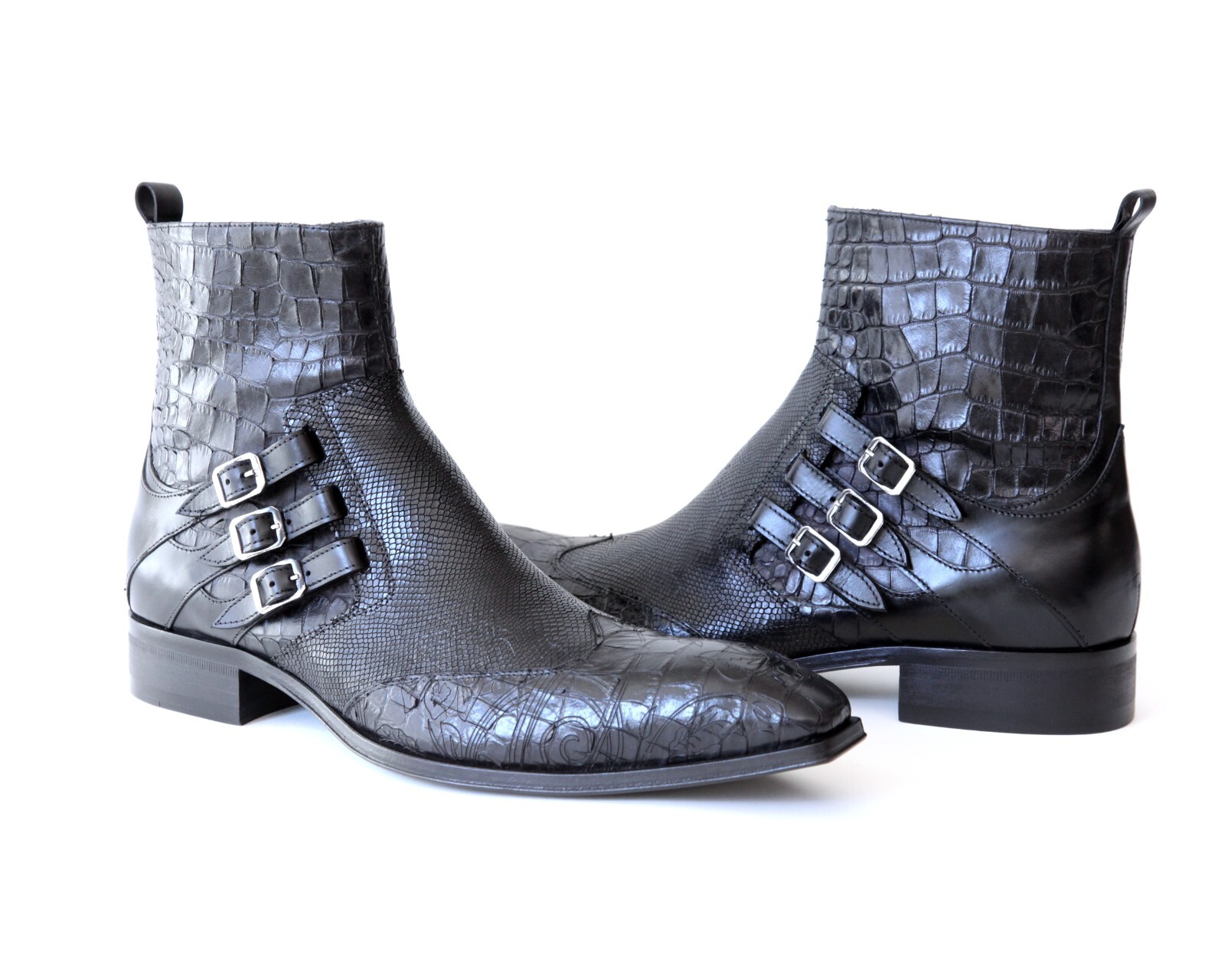Jo Ghost 4991 Italian Black Croco/Laser Cut With 3 Buckles Ankle Boots