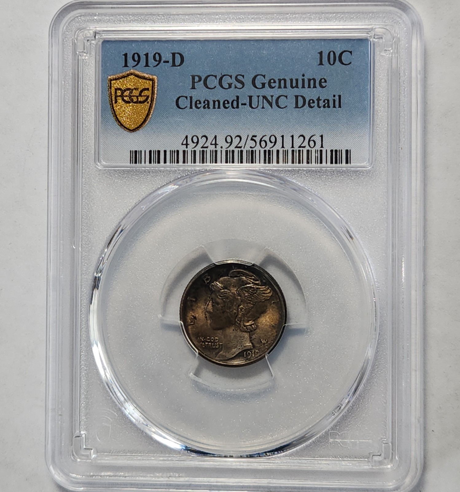 1919 D Mercury Dime Winged Head Liberty 10c PCGS Genuine UNC Details SLB-19De