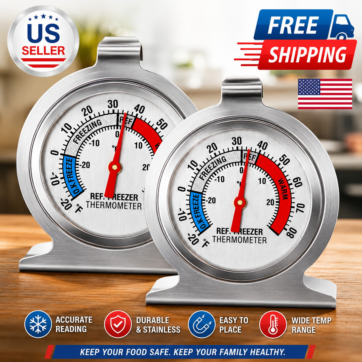 2 Pack Refrigerator Freezer Thermometer Large Dial Analog Thermometer