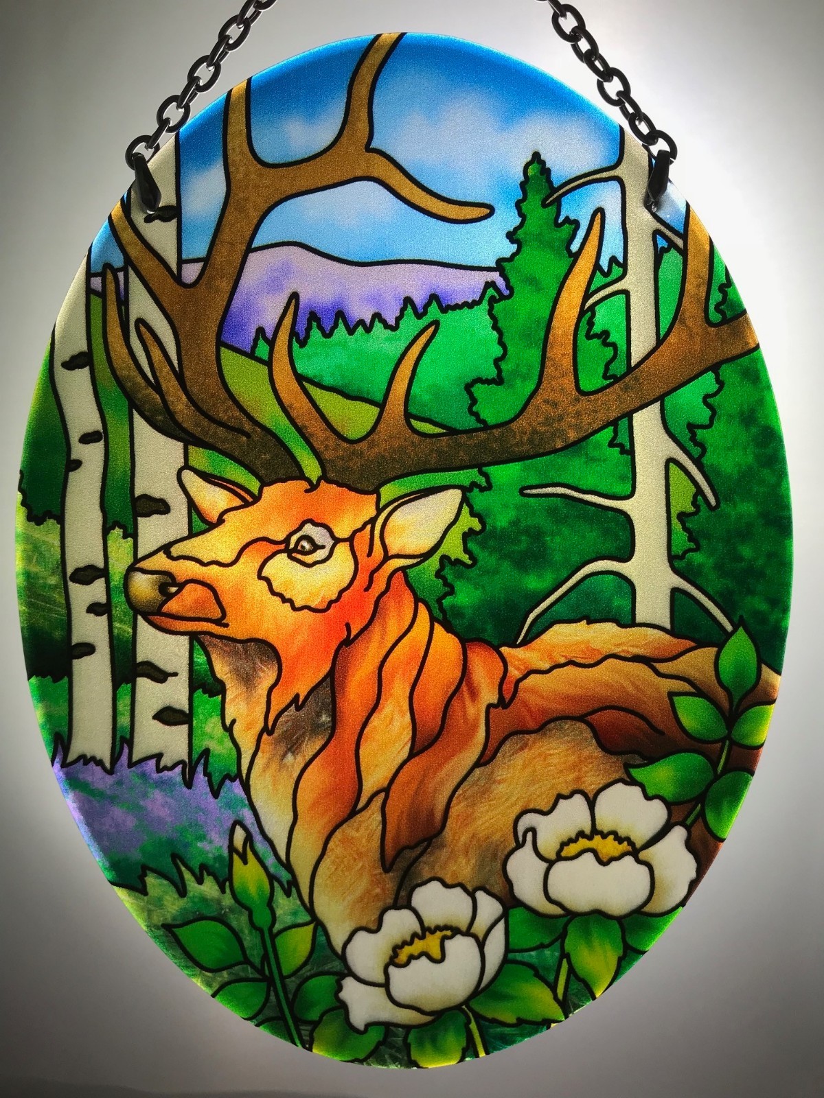 Joan Baker Hand Painted Art Glass Suncatcher-MO290R-Forest Elk nature woodland