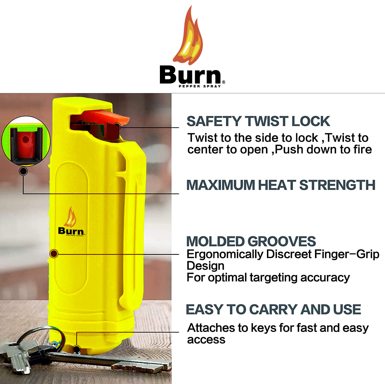 5 BURN Pepper Spray Keychain 1/2oz Self Defense Yellow Hard Shell Molded