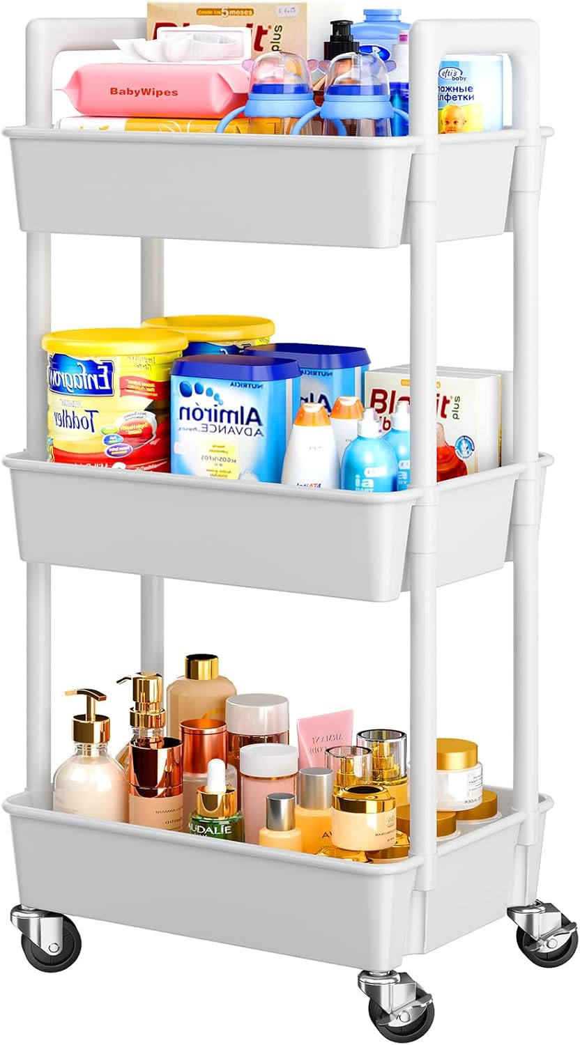 Pipishell 3 Tier Rolling Cart Organizer, Plastic Rolling Cart with Lockable Whee