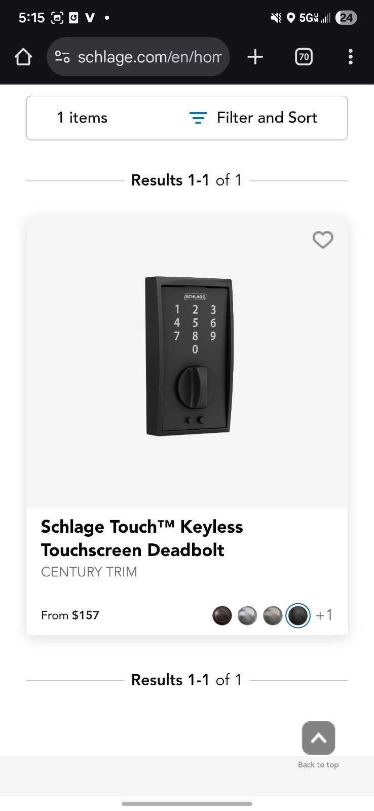 Schlage Touch Keyless Touchscreen Deadbolt Century Trim Matte Black