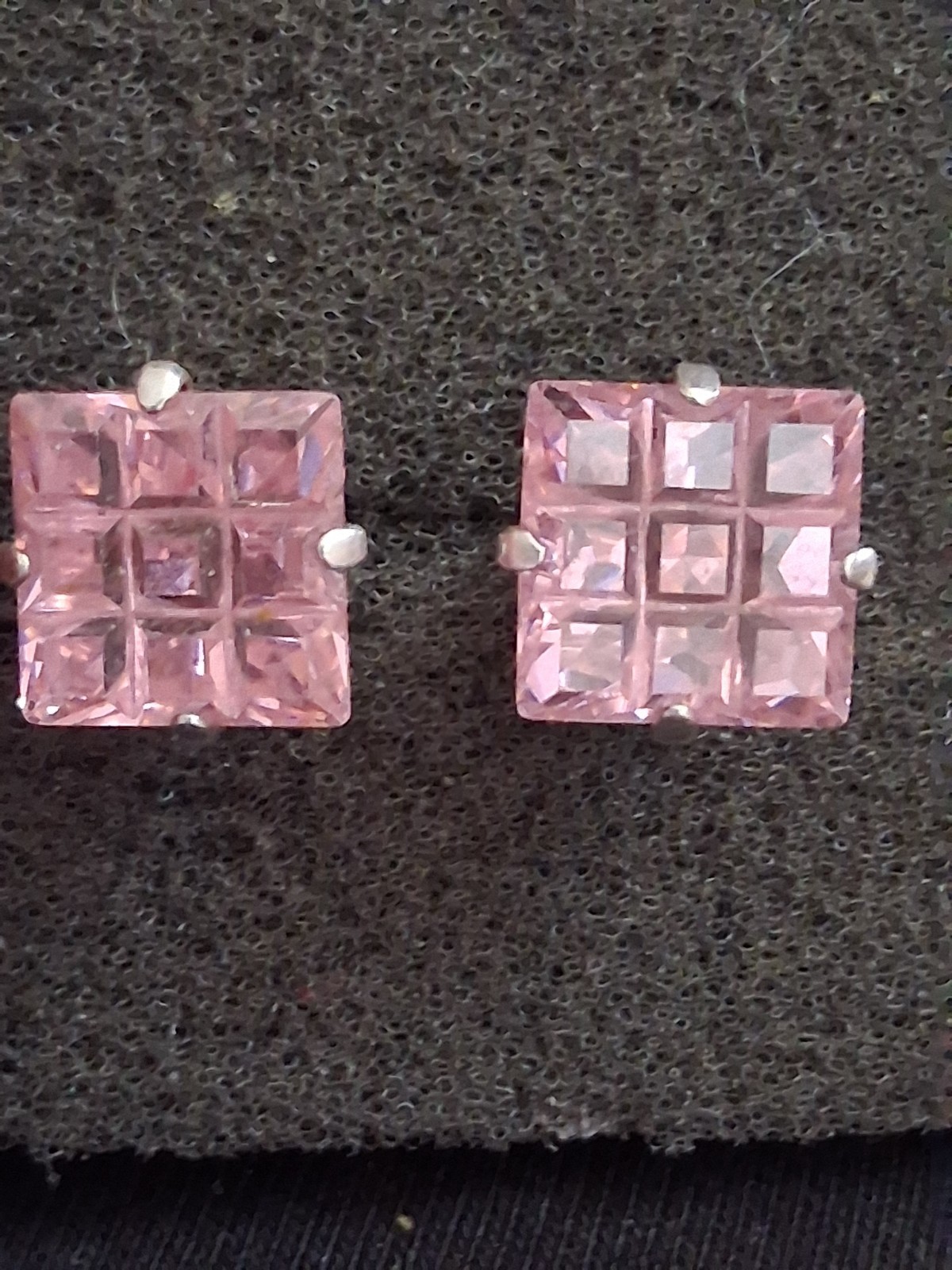 Sterling silver invisible cut pink stone grid pattern stud earrings, prong set
