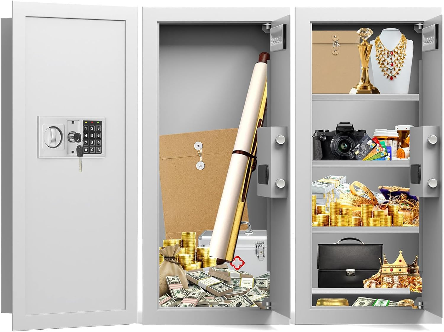 Fireproof In-Wall Safe with Combination Lock & 3 Shelves for Jewelry & Documents