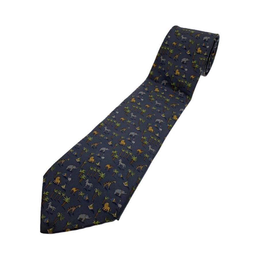 FERRAGAMO Silk Tie Necktie Blue/Yellow Animal Print Italy Very Good