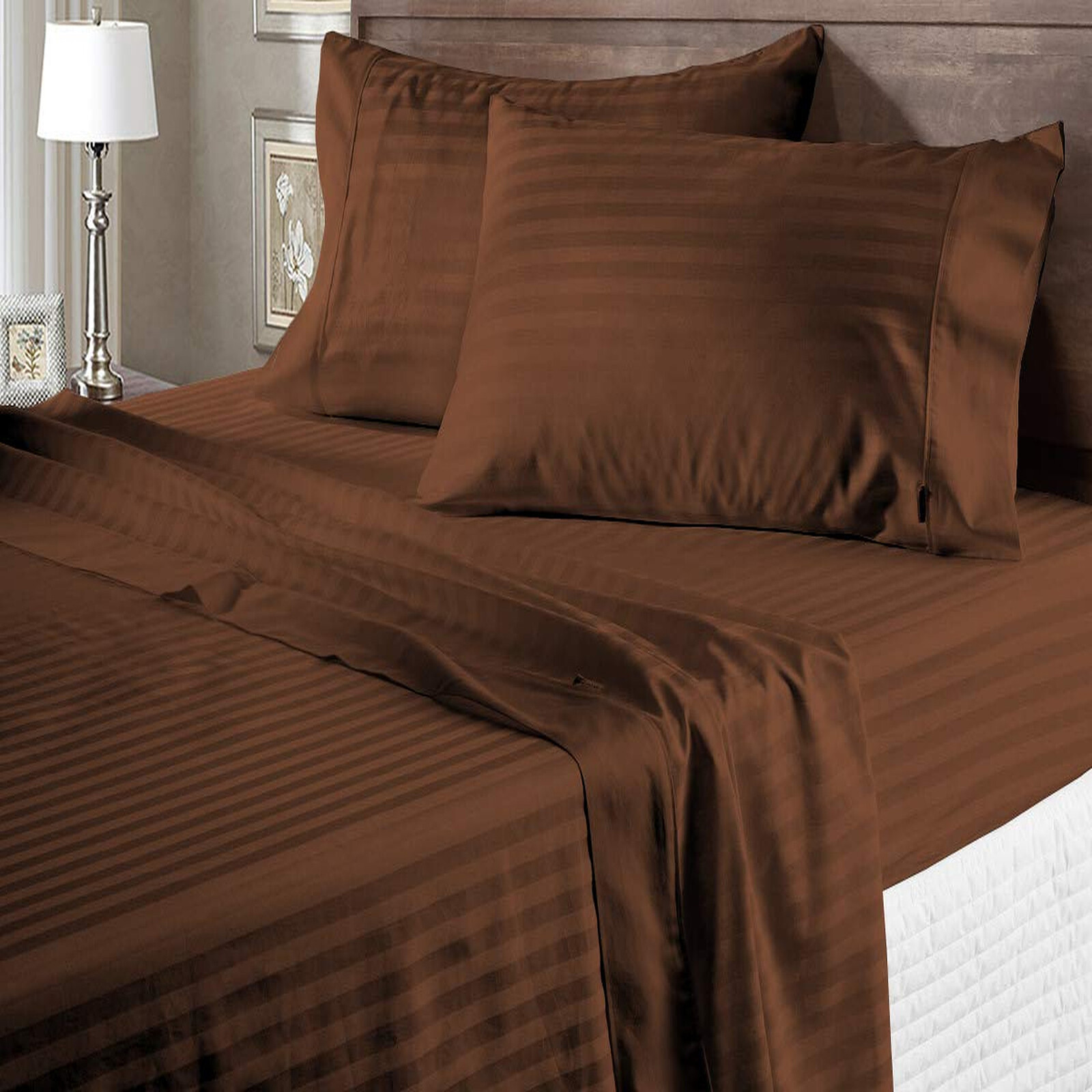 1000 TC OR 1200 TC 100% Cotton Chocolate Bed Sheets Stripes Extra Deep Pocket