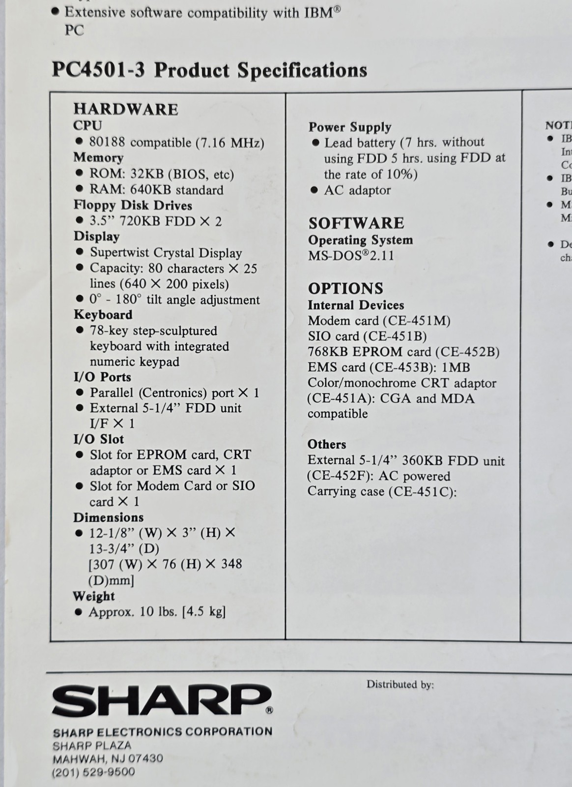 Sharp - PC-4501-3 Laptop Computer - Product Specifications Handout (1 Sheet)