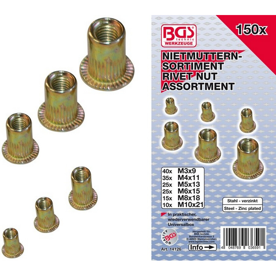 Ass. 150 Pcs Galvanized Steel Threaded Rivets - Code Bgs14126 FBGS14126 BG