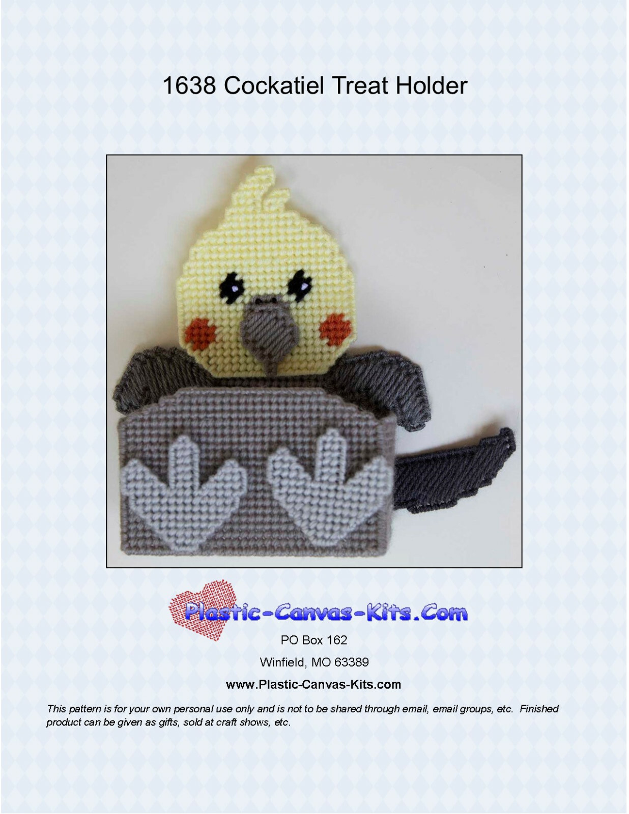 Cockatiel Bird Treat Holder-Plastic Canvas Pattern or Kit