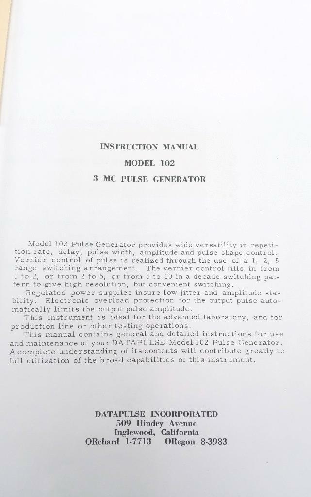 DataPulse Model 102 3 MC Pulse Generator Instruction Manual