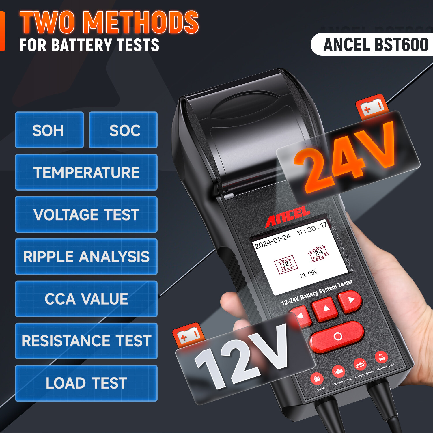 ANCEL BST600 Car Battery Tester with Printer - 12V/24V, 100-2000 CCA, Black