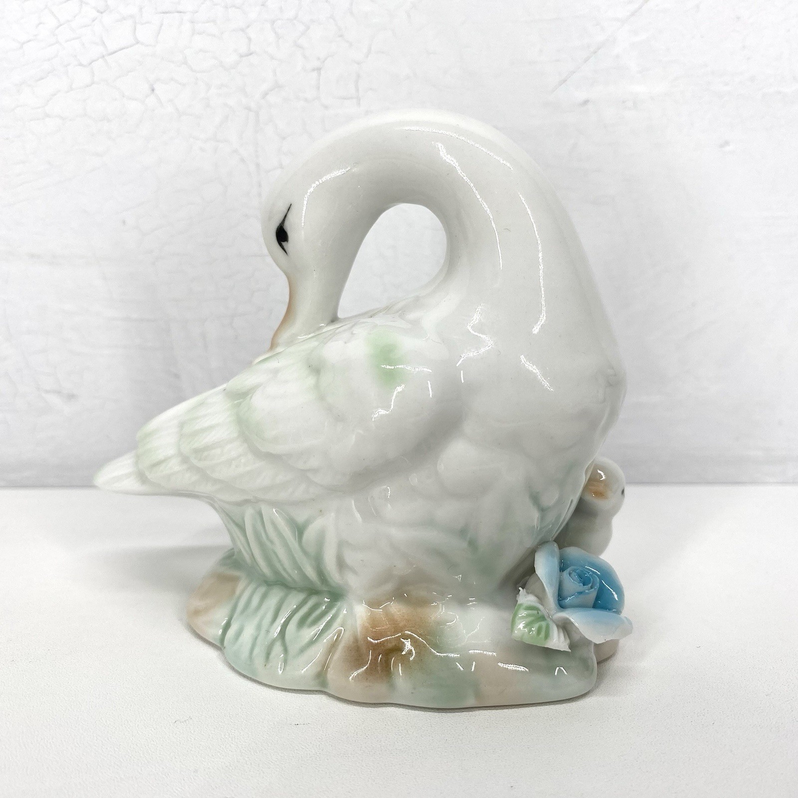 Vintage Miniature Porcelain Goose Figurine With Baby And Florals Cottagecore