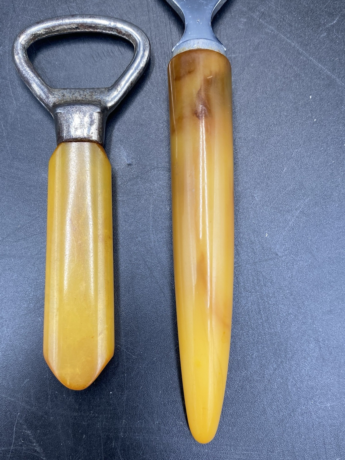 2 BUTTERSCOTCH BAKELITE BOTTLE OPENERS PARKER GAINES GERMANY