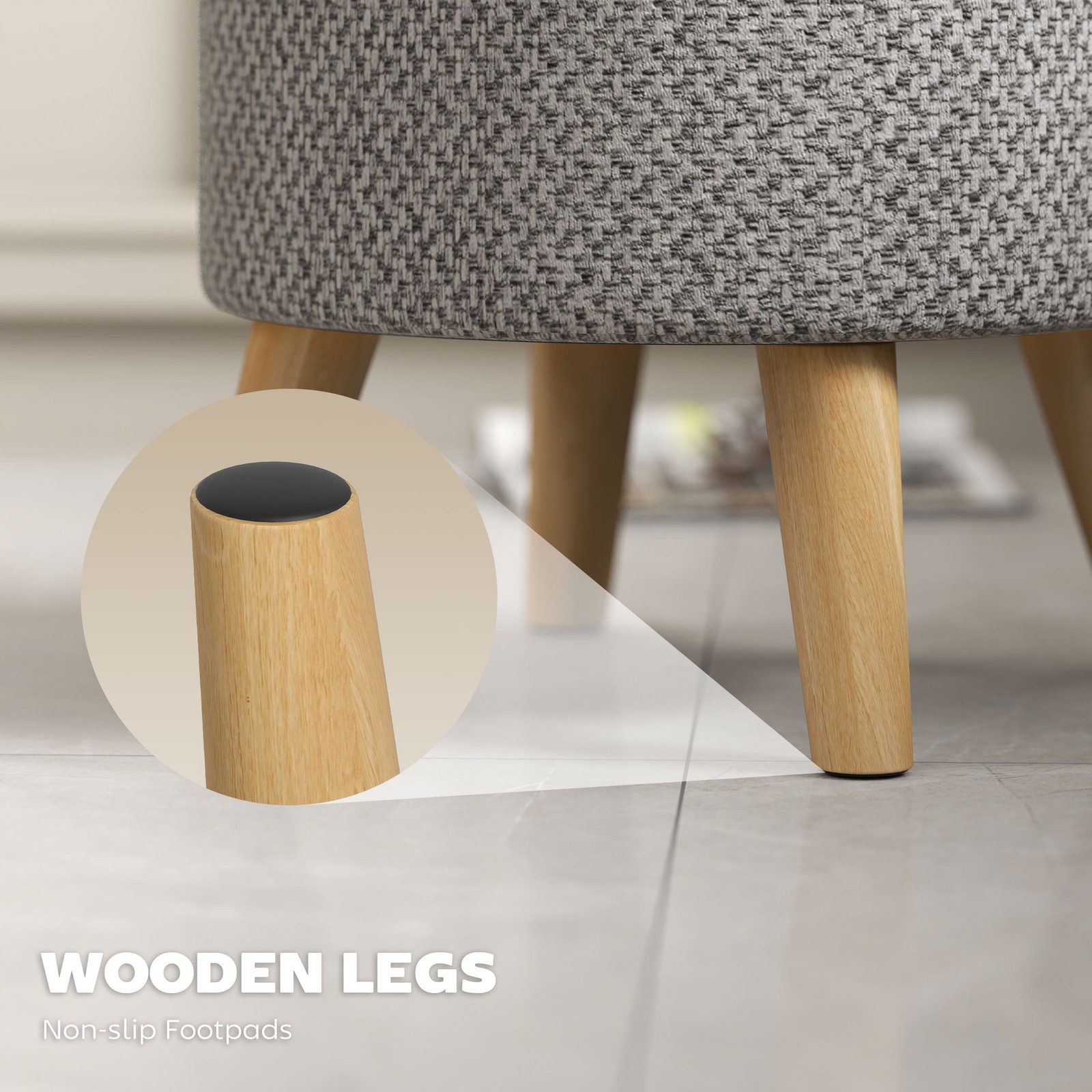 Storage Ottoman, Round Stool Chair with Cushioned Top, Light Gray