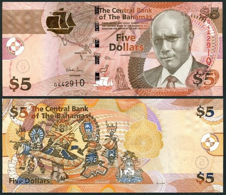 Bahamas - 5 Dollars 2013 aUNC / UNC P. 72A Lemberg-Zp