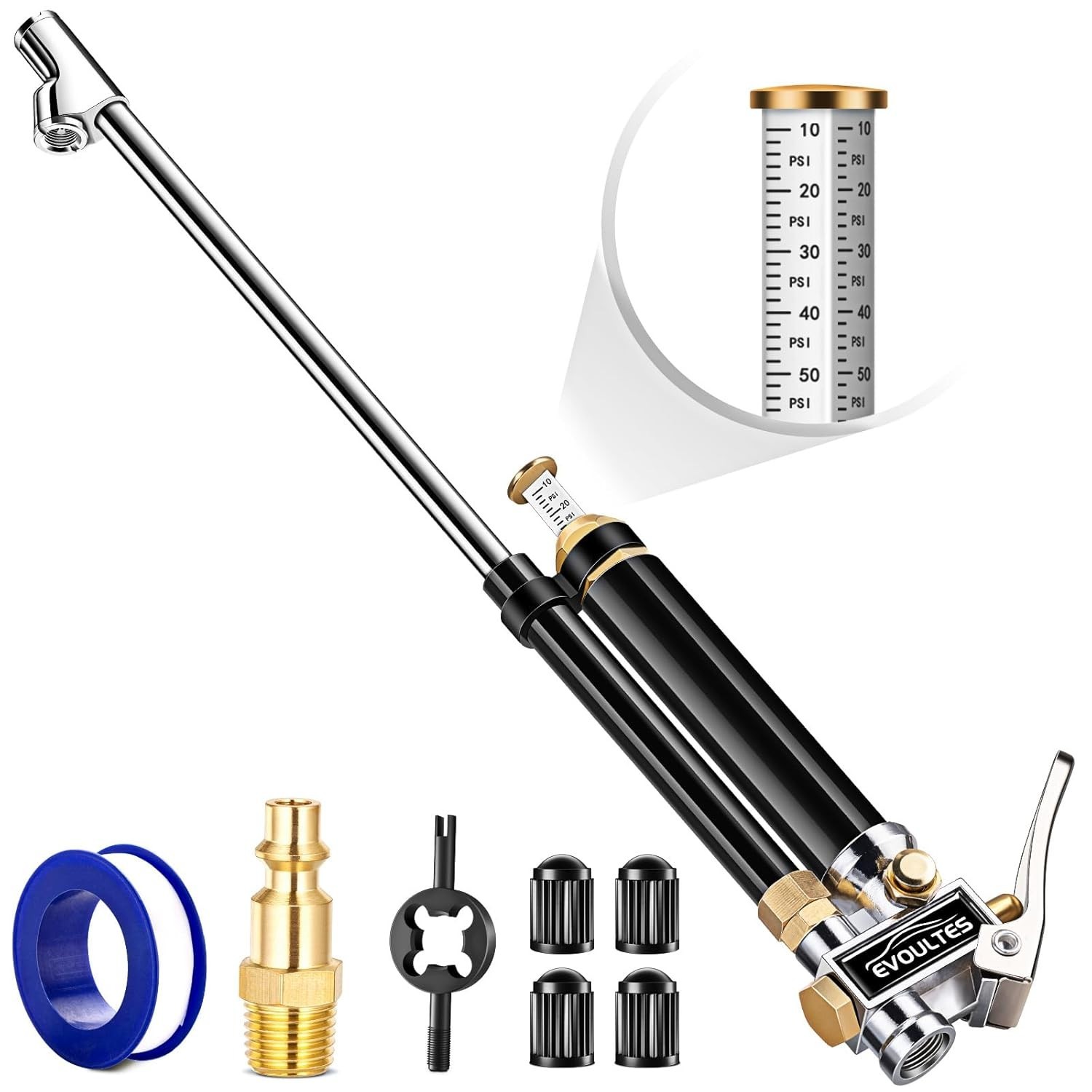 Heavy Duty Tire Inflator with Pressure Gauge, 16.5 Inch Extended Dual Head Air