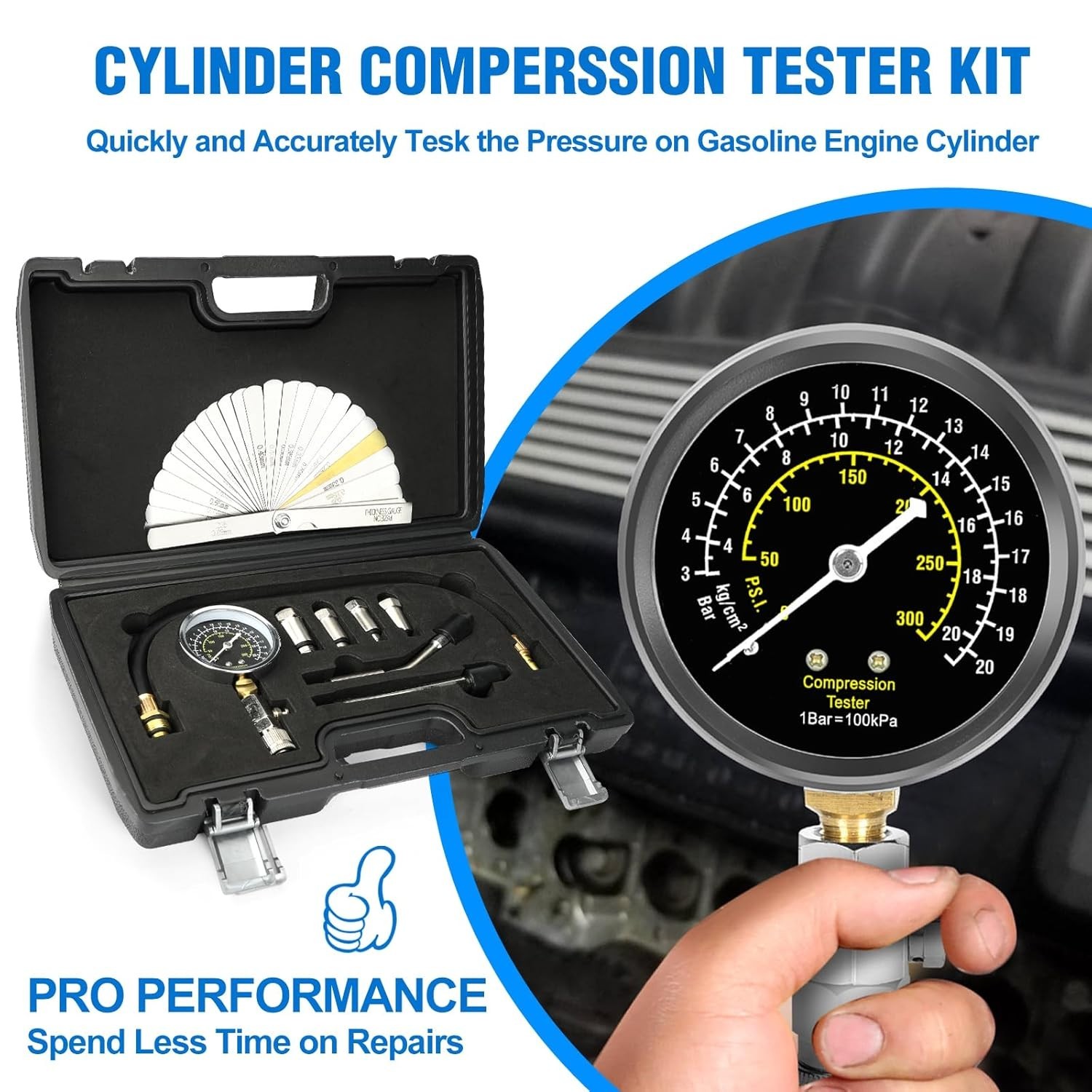 Triple Range Petrol Engine Compression Tester Kit - 9pcs with 4 Connect Adapters