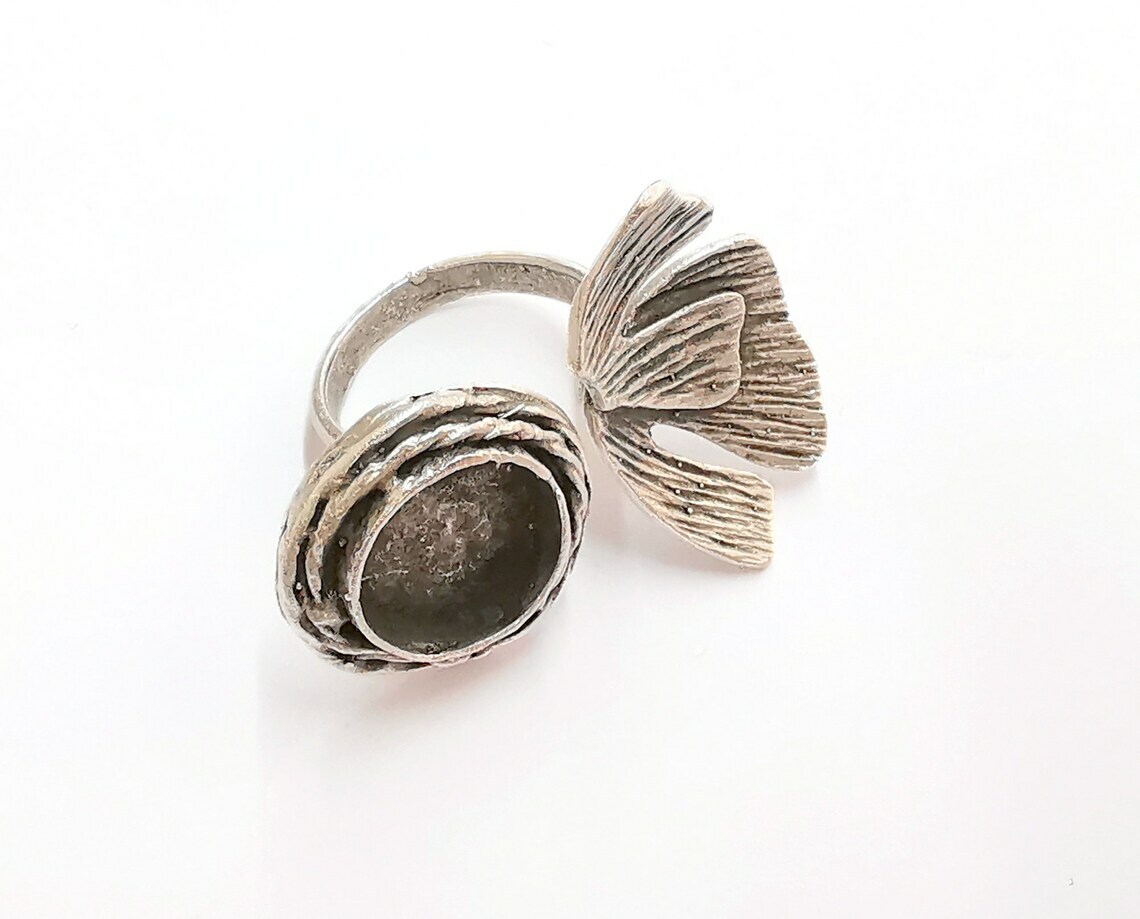 Flower Silver Ring Setting Blank Cabochon Ring Mounting Adjustable Brass G21098