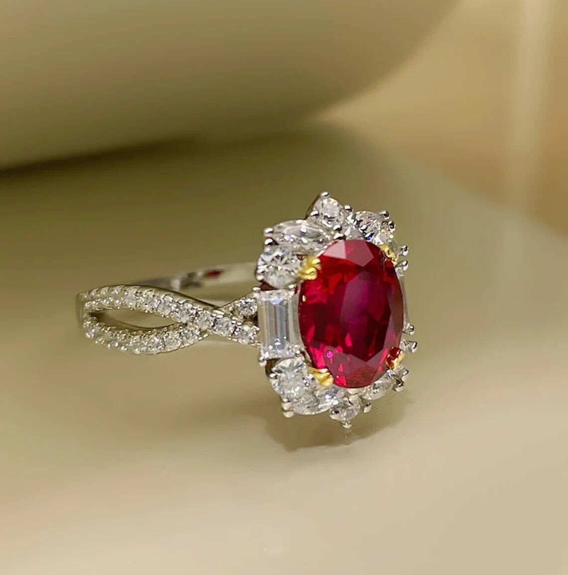 4.60 Ct Oval Cut Natural Ruby & Diamond Wedding Ring 14K White Gold Size 8