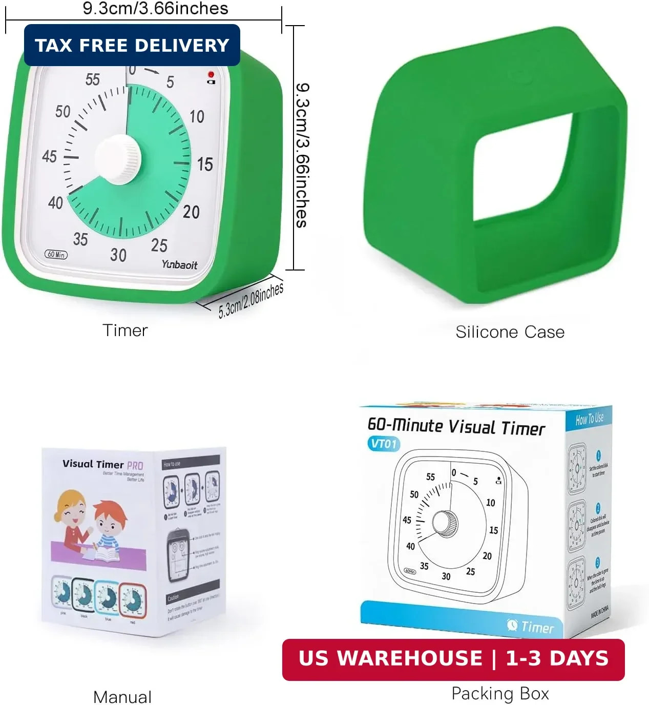 Visual Timer, Silent 60-min Countdown Timer for Kids, Green Green | Protective C